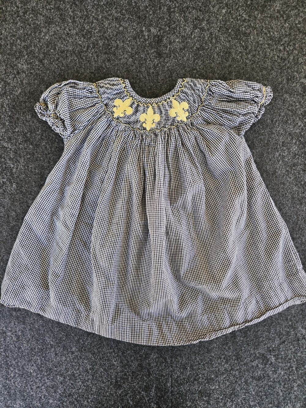 SMOCKTIONS Smocked Dress 12M Black Gingham Fleur De Lis Yellow Southern Infant